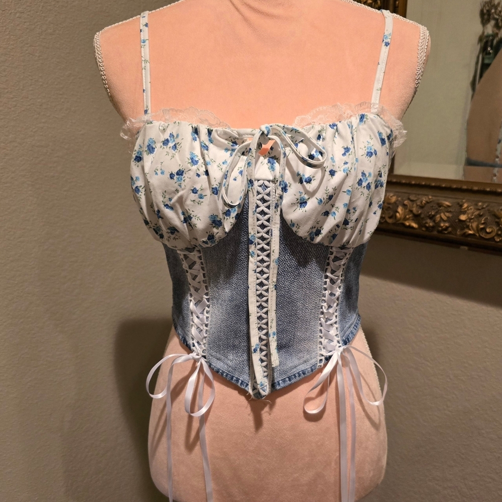 Floral Denim Blue Corset Top W/Bows